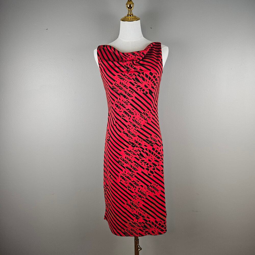 Vintage Y2k Express Cowl Neck Red & Black Striped Floral Dress Indie Sleeze